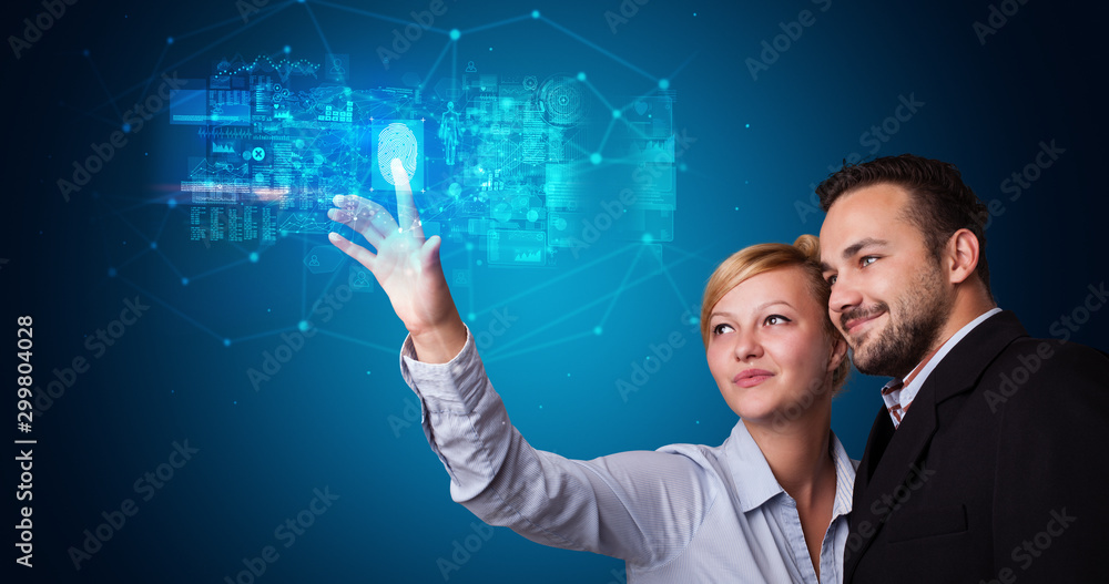 Aufkleber Man and woman accessing modern hologram personal database with fingerprint identification