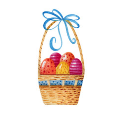 A wicker basket with Easter eggs decorated with a bow. Watercolor.