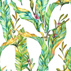 Seamless watercolor pattern of large leaves and branches with berries. Floral ornament.