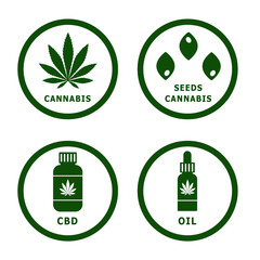 Cannabis vector signs with leaf,seeds CBD and oil.