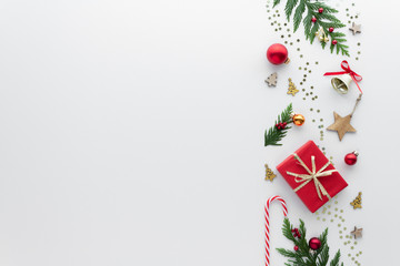 Christmas composition. Bauble gift candy cane star top view background with copy space for your text. Flat lay.