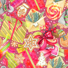 Seamless watercolor christmas pattern of sweets, gifts, gingerbread and flowers.
