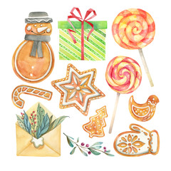 Set of sweets, gingerbread cookies, lollipops and gifts. Watercolor