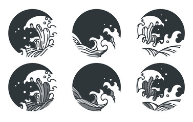 Japan oriental wave line in dark round shape vector set collection. Traditonal vintage style.