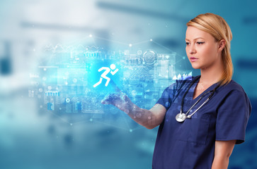 Doctor touching hologram screen displaying healthcare running symbols