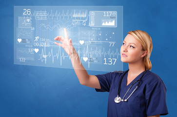 Doctor touching hologram screen displaying healthcare running symbols