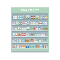 Pharmacy shelves with medicines. Large rack isolated on white background. Concept of pharmaceutics and medication. Vector illustration. 