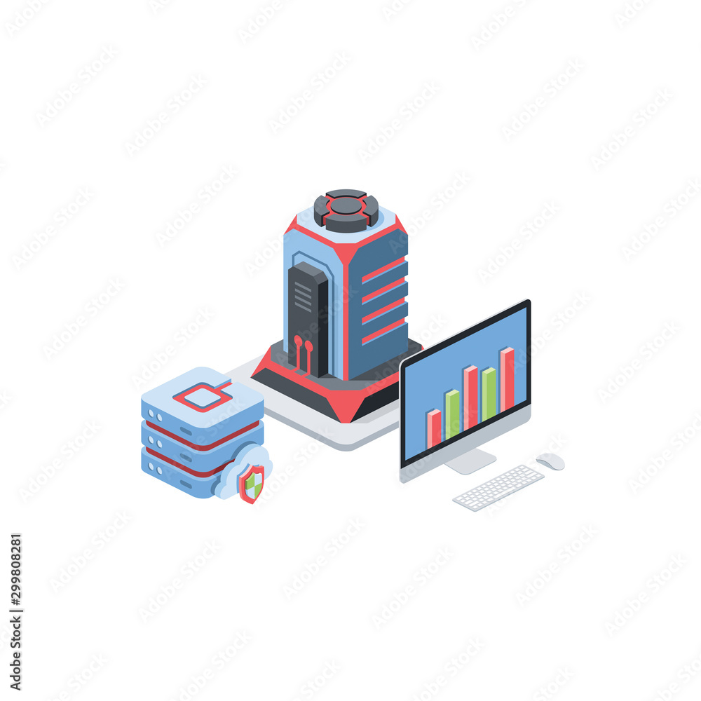 Aufkleber server computer chart analytics. vector 3d isometric, color web icon, new flat style. creative illus