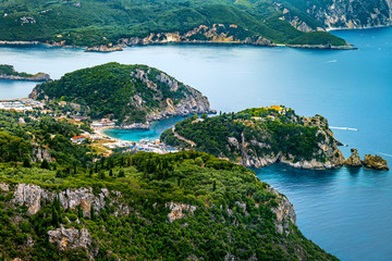 Aerial panoramic view of paleokastritsa, Corfu island, Greece