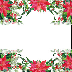 Watercolor Merry Christmas and New Year Greeting Card with Red poinsettia flowers,Holly,leaves,berries,pine,spruce,green twigs on white background.New Year floral composition for frame