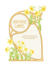 Narcissus. Label, decorative frame, border. Good for product label. with place for text Colored vector illustration. In art nouveau style, vintage, old, retro style. Isolated on white background..
