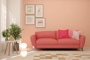 Stylish room in pink color with sofa. Scandinavian interior design. 3D illustration