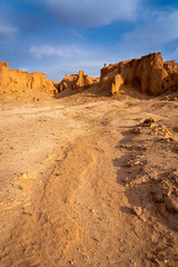 The orange rocks of Bayan Zag, commonly known as the Flaming Cliffs in the Gobi desert where...