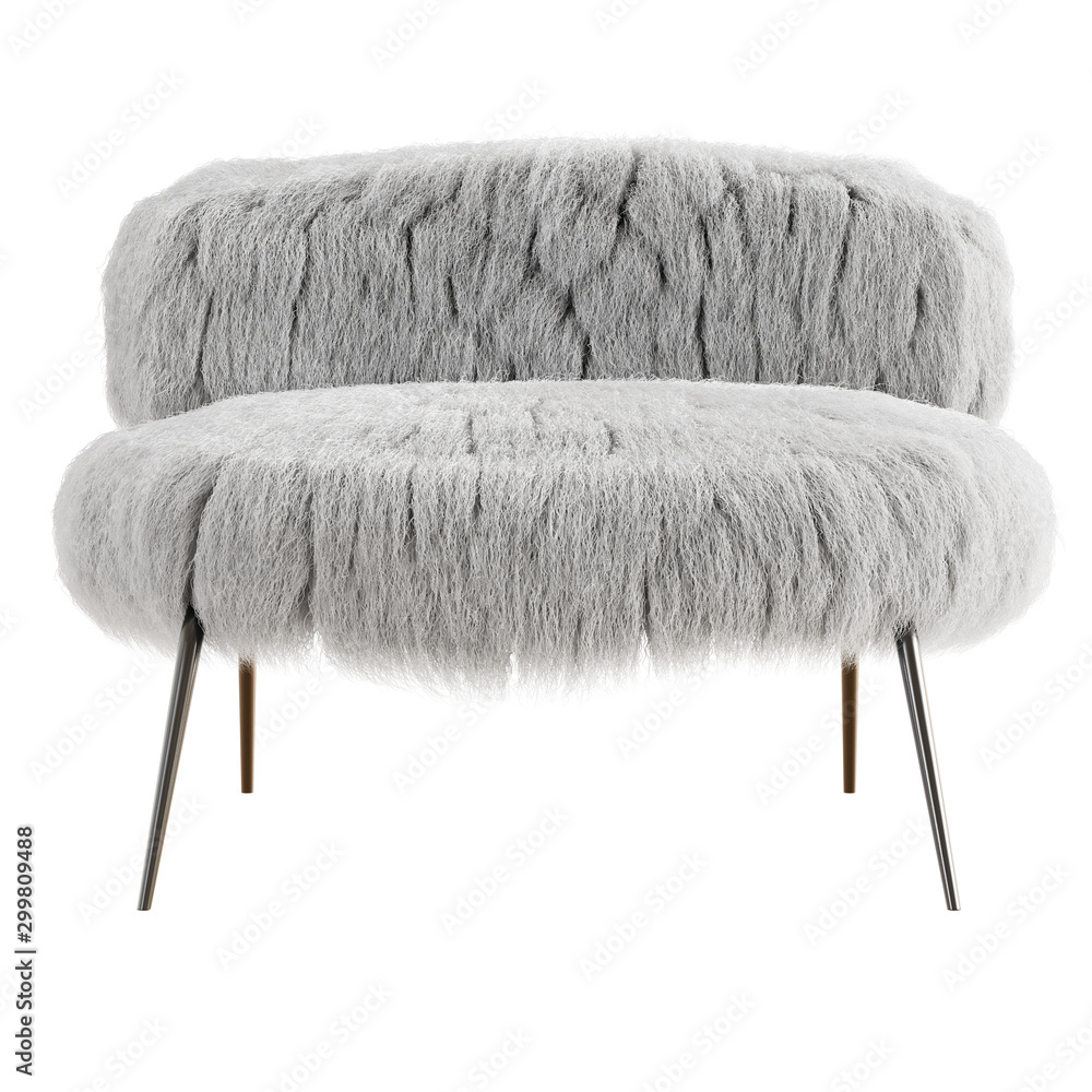 Poster white fluffy chair made of wool front view on an isolated background front view. 3d rendering