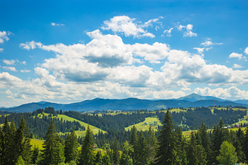 Amazing Panoramic View of the Mighty Carpathians Mountains and Beautiful Blue Sky Background.