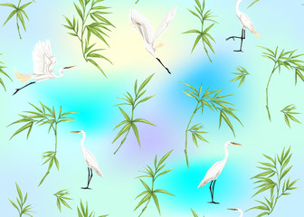 Seamless pattern, background with tropical plants, flowers and birds. Colored vector illustration. In light ultra violet pastel colors on mesh pink, blue background