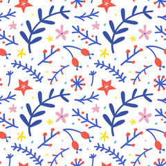Seamless pattern with christmas floral elements, fir and spruce branches, red berries. Cute winter hand drawn cartoon illustration background. Christmas and New Year fashion prints, wrapping paper