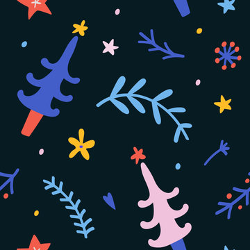 Seamless pattern with fir trees and chistmas decorations and doodles. Cute winter hand drawn cartoon illustration with floral elements. Good as graphic print or wrapping paper.