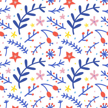 Seamless pattern with christmas floral elements, fir and spruce branches, red berries. Cute winter hand drawn cartoon illustration background. Christmas and New Year fashion prints, wrapping paper