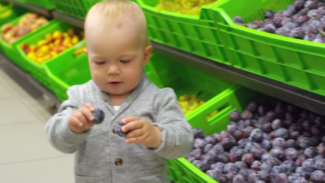 Medium shot of adorable little toddler taking plums from shelf at supermarket and smiling to mother or sister