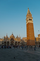 Fototapeta na wymiar Venice, Italy: View of Campanile and The Patriarchal Cathedral Basilica of Saint Mark