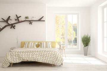 White stylish minimalist bedroom with armchair and autumn landscape in window. Scandinavian interior design. 3D illustration