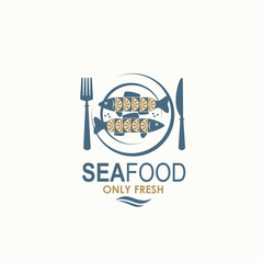 seafood menu design with fish on plate isolated