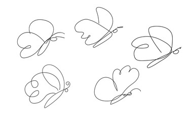 Set of butterflies, sketch in black lines. Vector illustration isolated on white background.