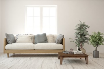 Stylish room in white color with sofa. Scandinavian interior design. 3D illustration