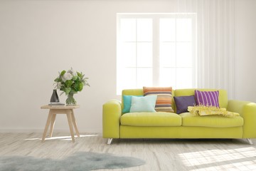 Stylish room in white color with sofa. Scandinavian interior design. 3D illustration