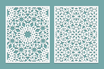 Laser cutting set Arabic motif. Woodcut trellis panel. Plywood laser cut eastern design. Pattern for printing, engraving, paper cutting. Stencil lattice ornament. - obrazy, fototapety, plakaty
