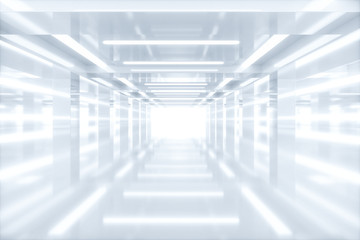 Empty bright room with glowing lines, 3d rendering.