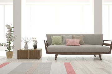 Stylish room in white color with wooden sofa. Scandinavian interior design. 3D illustration