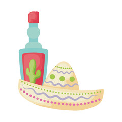 hat mexican with bottle tequila isolated icon