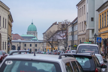 The building on the streets of Budapest in winter.