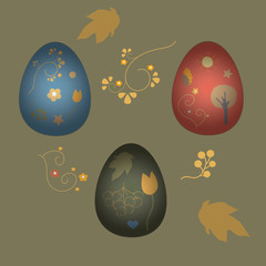 Collection Of Colorful Happy Easter Eggs with flowers, berries and trees. Retro Style. Colorful Design