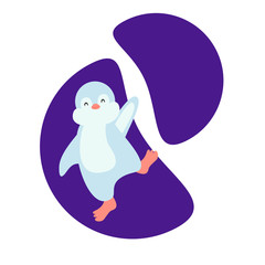 Vector flat illustration with cute blue penguin boy. Happy kawaii cartoon penguin waving paw. Greeting card.