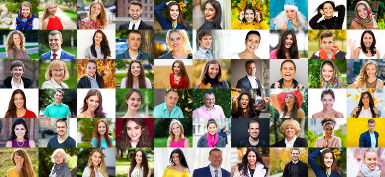 Collage Of Photos Of Young And Real Happy People Over 16 Years Old