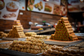 Sweet Middle East Baklava at the counter in the market