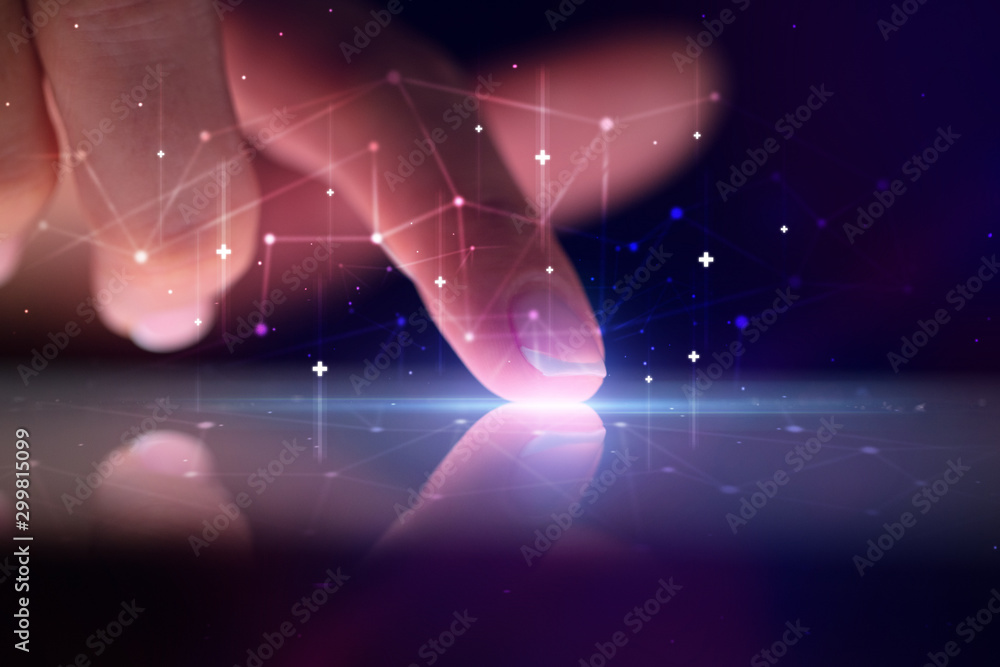 Poster finger touching tablet with global network concept and dark background