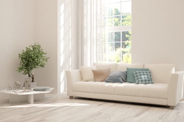 Stylish room in white color with sofa. Scandinavian interior design. 3D illustration