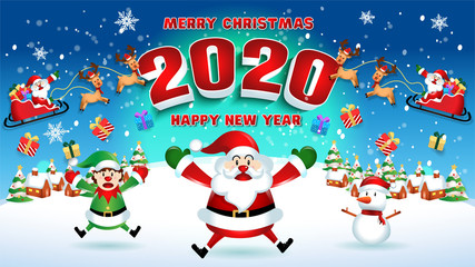 Merry christmas and Happy new year 2020 with santa claus cute cartoon.for Christmas and New Year background.vector illustration