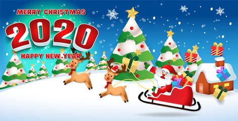 Merry christmas and Happy new year 2020 with santa claus cute cartoon.for Christmas and New Year background.vector illustration