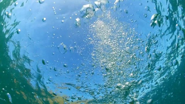 Slow motion abstract video of bubbles floating to surface in tropical exotic sea