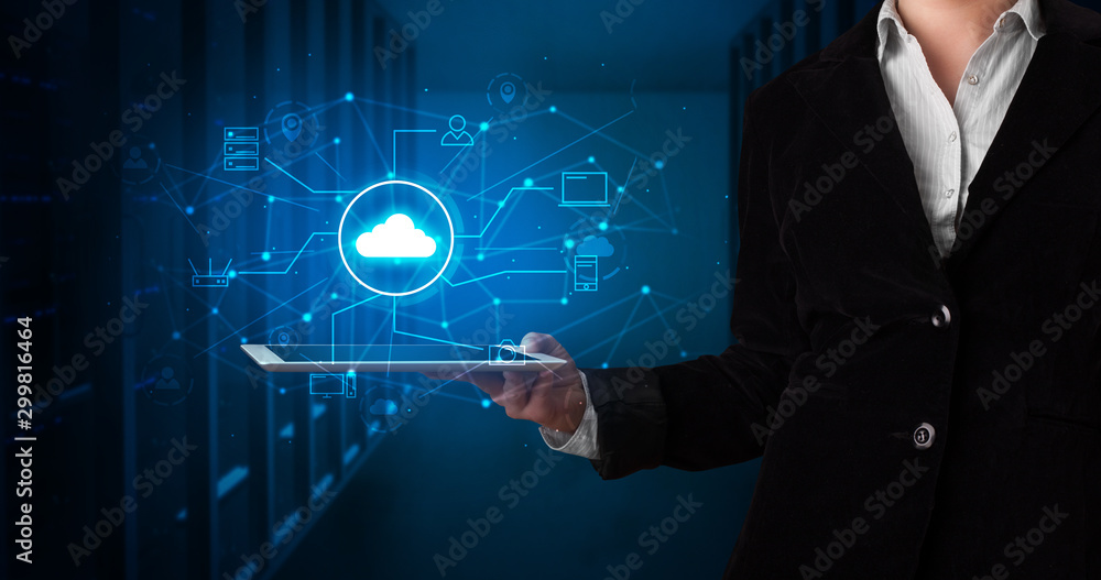 Poster formal hand in server room with virtual workspace concept