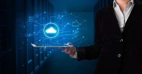 Formal hand in server room with virtual workspace concept