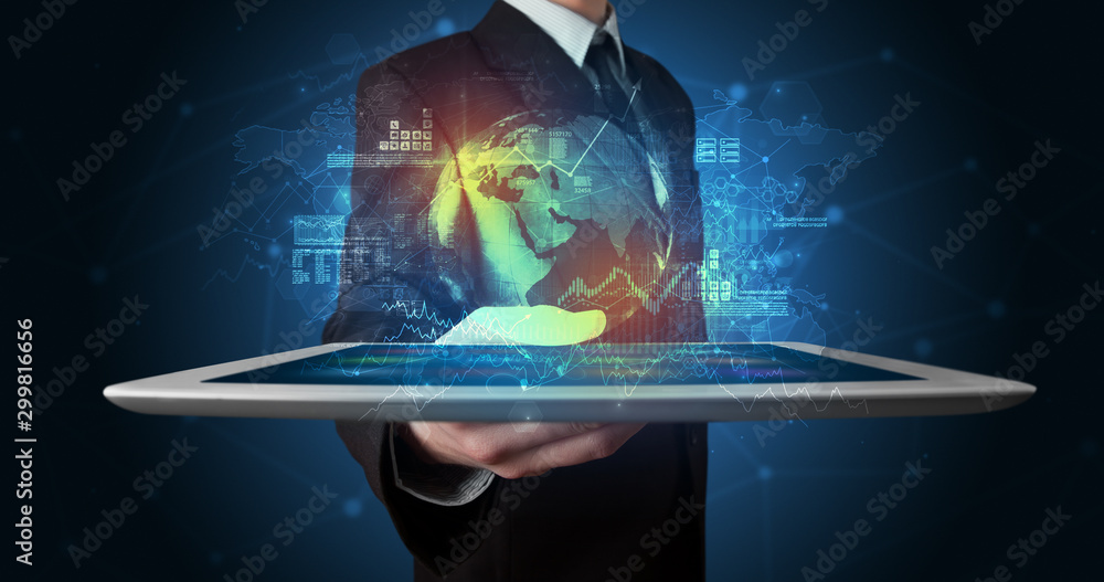 Poster hand holding tablet with global database concept