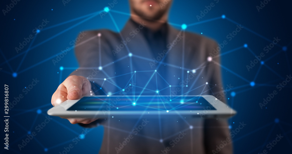 Poster formal hand in a dark space with virtual connection network concept