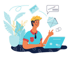 \E-mail advertising communication, mail services and newsletter promotion campaign banner with people cartoon characters. Internet computer technology. Flat Vector Illustration Isolated.