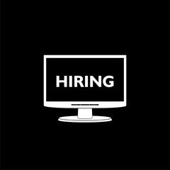 Hiring sign on monitor icon isolated on black background